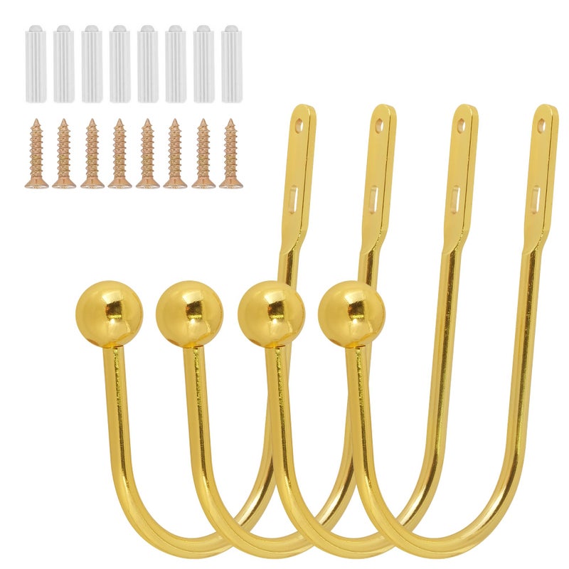 HEMOUR Curtain Holdback, 4 Pcs Wall Mounted Drapery Tiebacks with Screws, Heavy Duty Metal Decorative Window Drapery Holder Curtain Hook, Gold - Image 2